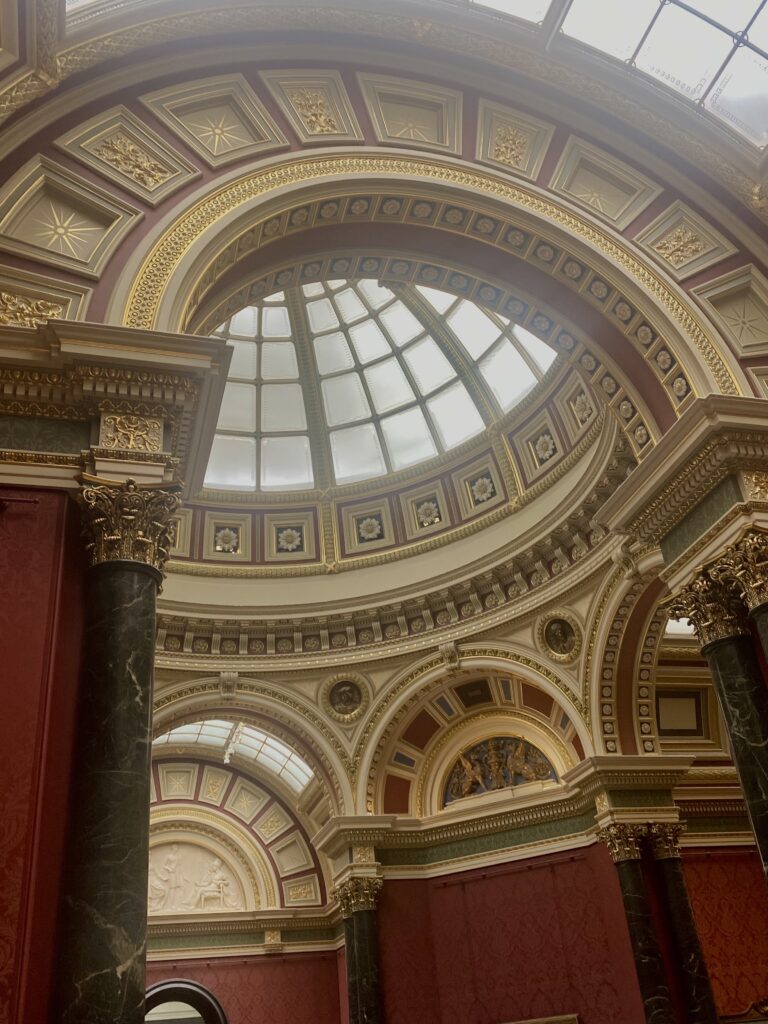 intricate, gilded, domed ceiling at London's National Gallery