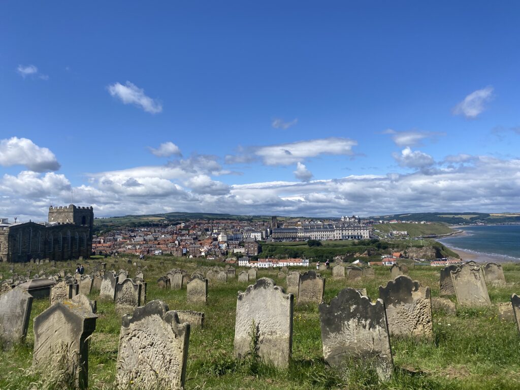 overlooking Whitby from the cemetery on the hill, next to Whitby Abbey.