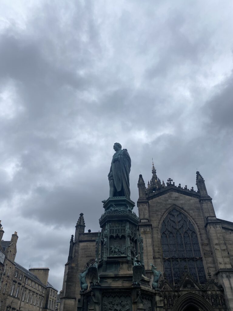 Gloomy clouds behind a statue in Edinburgh Castle